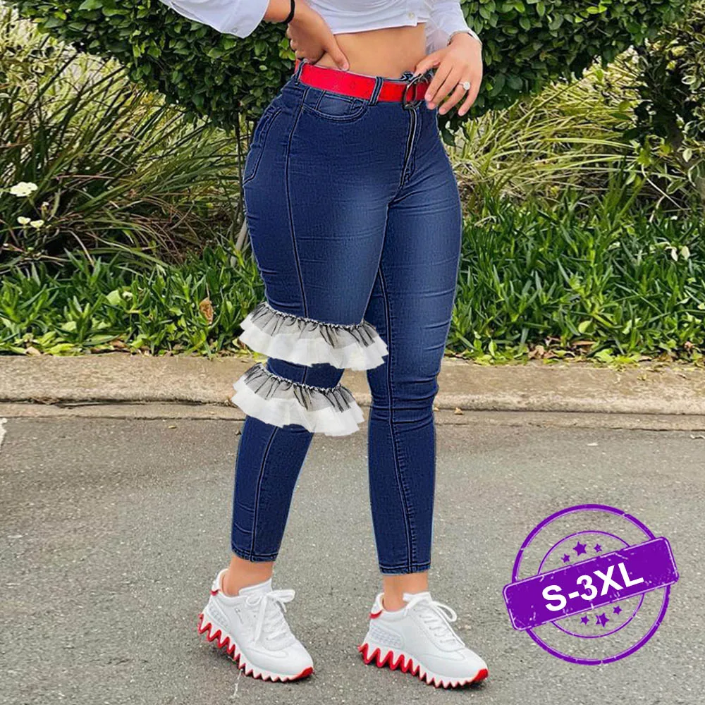 

Women Skinny Jeans Mom High Waist Denim Trousers 2022 Blue Retro Washed Fashion Sexy Lace Pant Elastic Slim Pencil Pant Oversize
