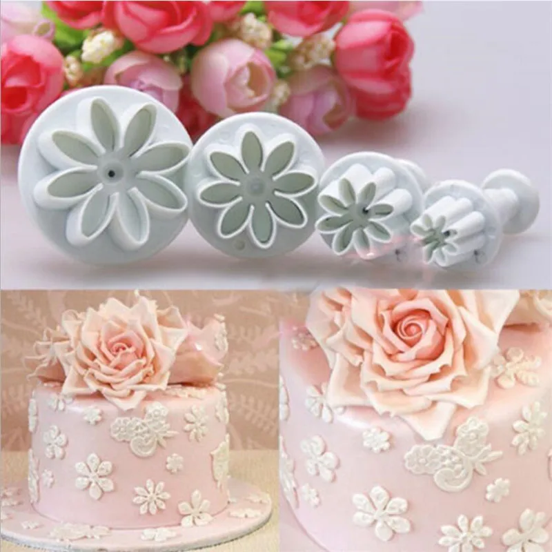 

4Pcs Plum Flower Plunger Fondant Mold Cookie Cutter Daisy Cake Decorating Tools Sugarcraft Biscuit Stamp Cutter