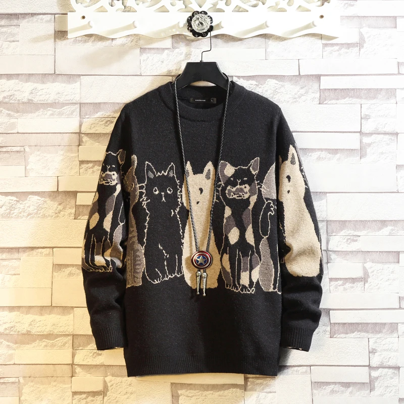 

Новинка осенне-зимняя одежда 2021, Мужской пуловер в японском стиле ретро с котом, подвесная ракетка