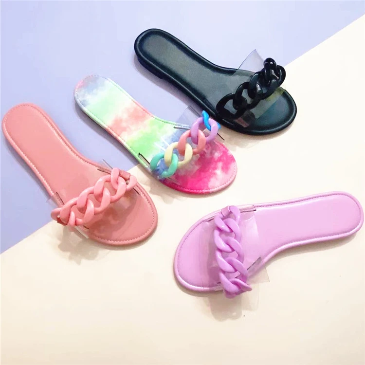 

Termainoov Women Slippers Fashion Transparent Chain PVC Flats Beach Shoes Comfort Slidders Flip Flop Women Sandal