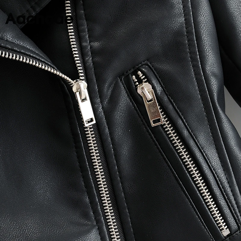 

Aachoae Women Faux Leather Streetwear Jackets Coats 2020 Long Sleeve Solid Motobike Jacket Turn Down Collar Fashion Zipper Coat
