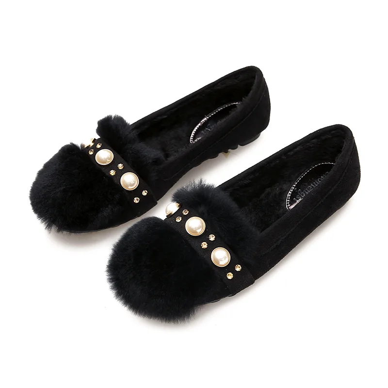Large Size 34-43 Female Winter Super Soft Mouthful Solid Color Pearl Slip Plus Velvet Comfort Wild Casual Flat Peas Shoes B21-17 | Обувь