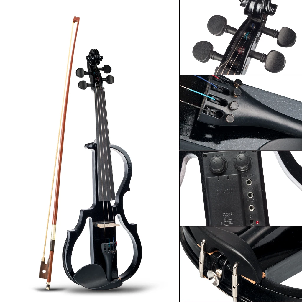 4/4 полноразмерный черный электрический набор для скрипки с бантом из