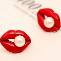 1 pair red mouth love sexy pink lips rhinestone simulated pearl earrings female jewelry factory outlets