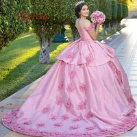 Elegant Lace Quinceanera Dresses Plus Size Ball Gown Satin Masquerade Flower Princess Girl Long Sweet 16 Prom Dress for 15 Years