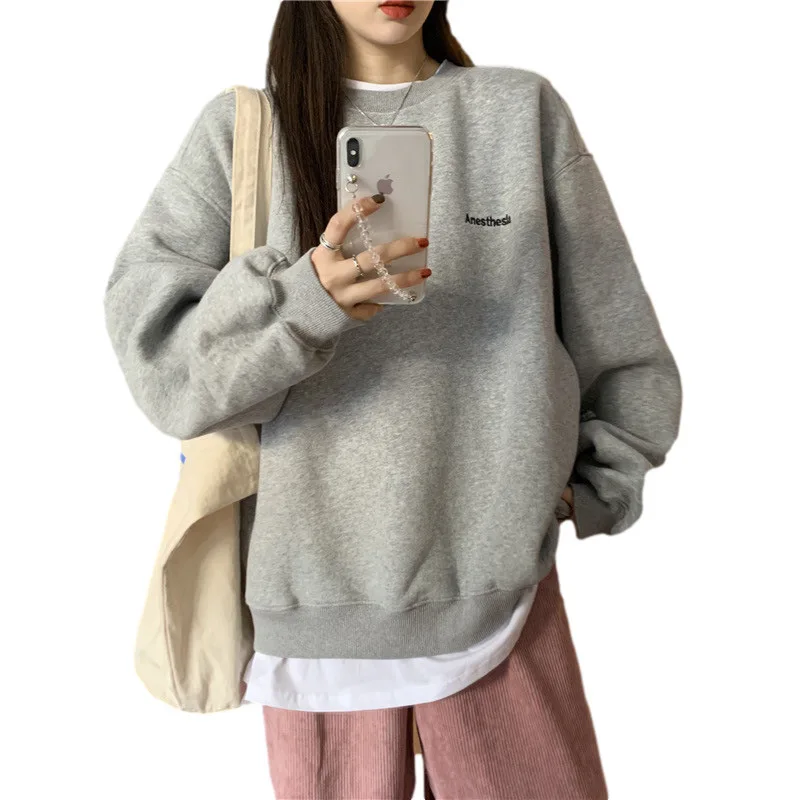 

Autumn and winter 2021 new kpop letter Pullover fashion Korean Plush K917 women's Sweatshirt Navy grey black women's Hoodie