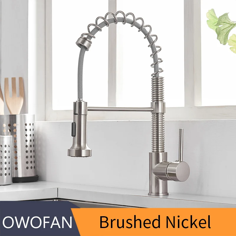 Brushed Nickel OWOFAN Современная полированная черная латунная кухонная раковина кран Выдвижная Одиночная Вращающаяся ручка Носик сосуд Раковина Смеситель кран N22-206 - Цвет: Brushed Nickel