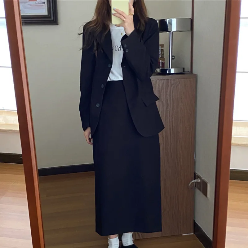 

New 2020 Fall Korean OL 2 Piece Set Women Long Sleeve Blazer Coat + Long Skirt Two Piece Sets Suit For Women Office Work Outfits