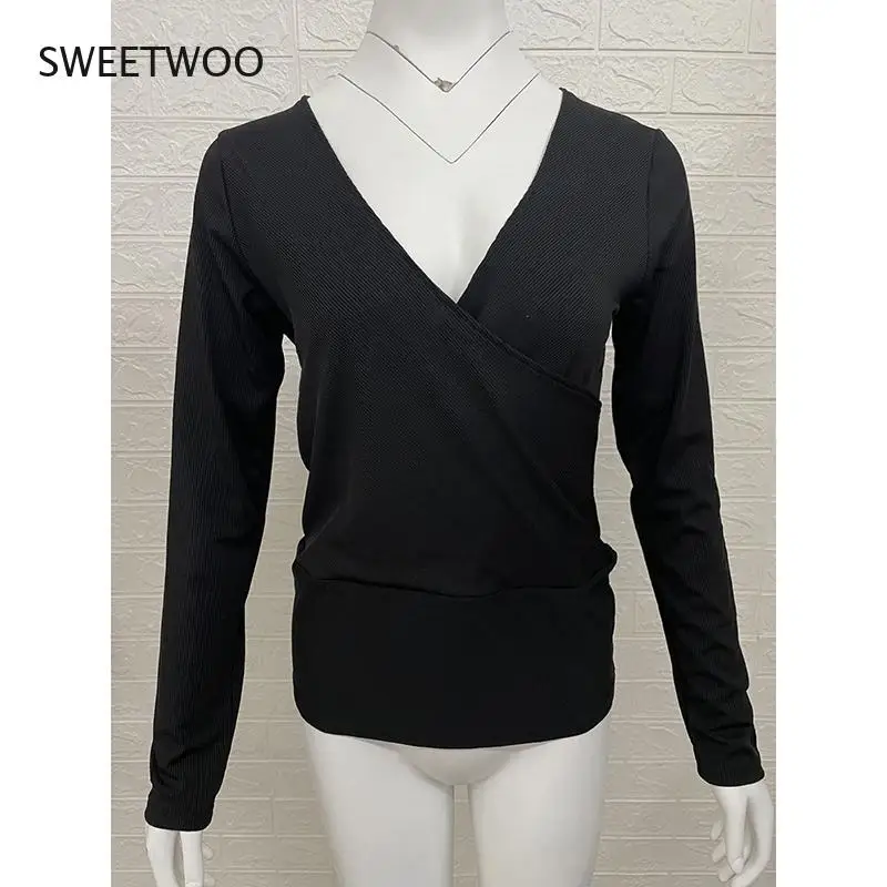 

New Women Long Sleeve Shirt For Women Ladies Solid Sexy V Neck Women's T-shirts White Pullover Slim Tops Spring Wear