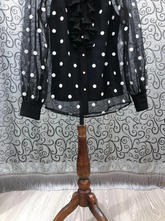 

Summer 2021 Spring Style Blouses Shirt High Quality Women Polka Dot Print Ruffle Deco Long Sleeve Elegant Black Button Shirts XL