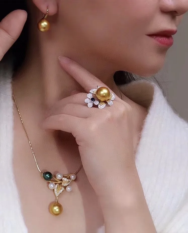 D304 Pearl Sets 925 Sterling Silver 9-12mm Natural Fresh Water Golden Pearls Female's Jewelry for Women FIne | Украшения и