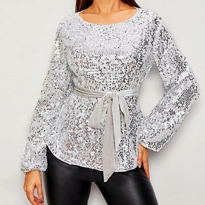 

New Spring and Autumn Women's Round Neck Long-sleeved Velvet Belt Temperament Is Thinner Waist Women's Shiny Sequined Top 2021