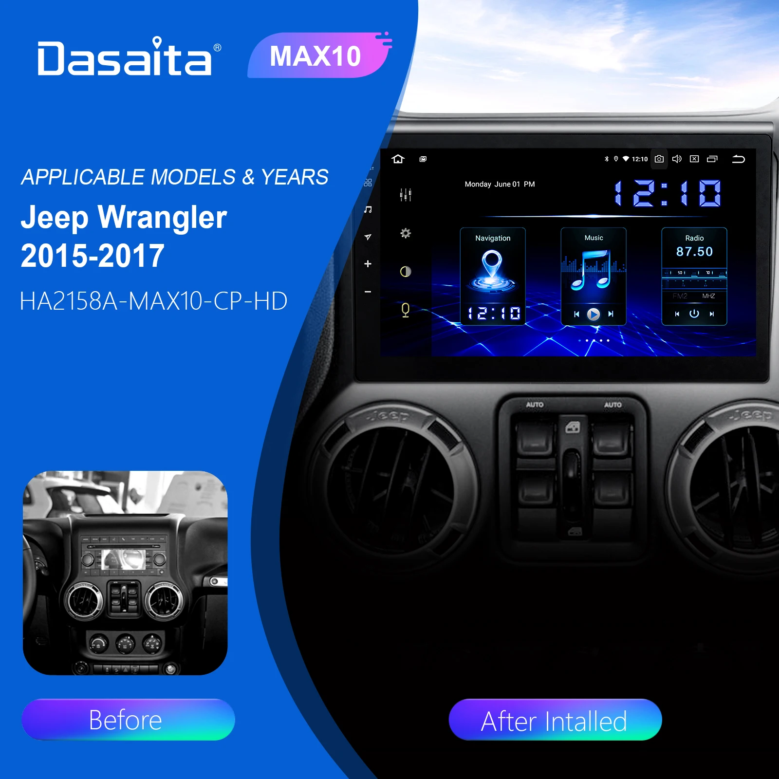 

Dasaita 10.2" IPS Screen Android 10.0 Car Radio 1 din for Jeep Wrangler 2011-2016 BT 5.0 1280*720 4G 64GB Multimedia Player Unit