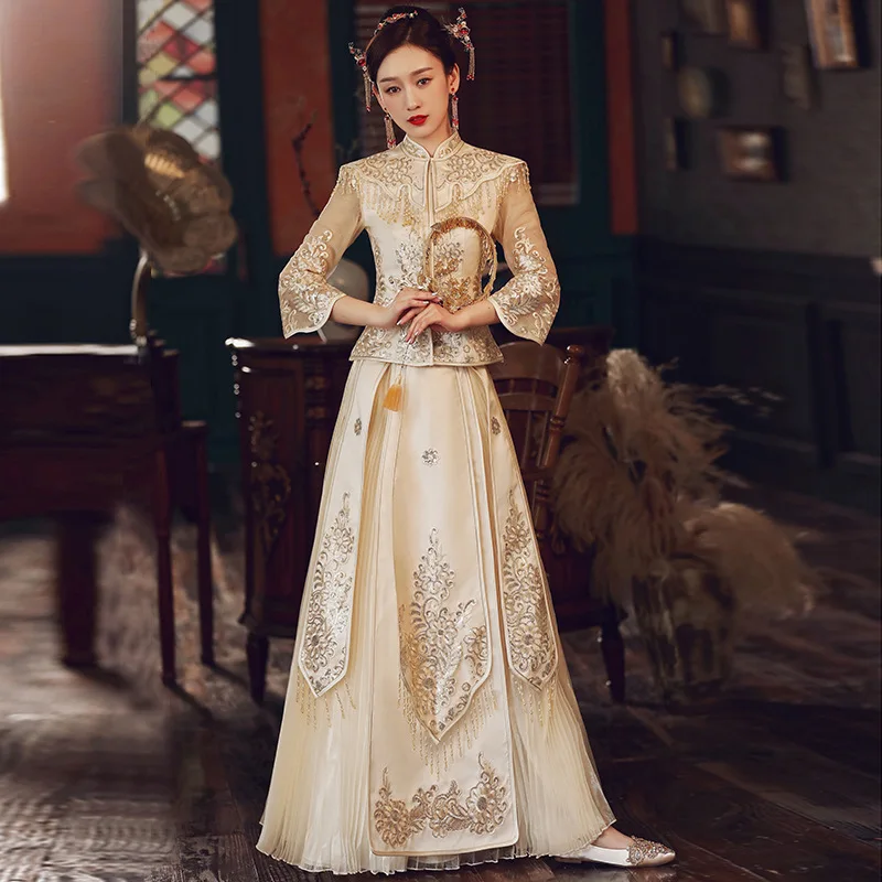 

Традиционное китайское платье для невесты и жениха, стильное платье цвета шампанского в стиле ретро, изысканное Свадебное платье для жених...