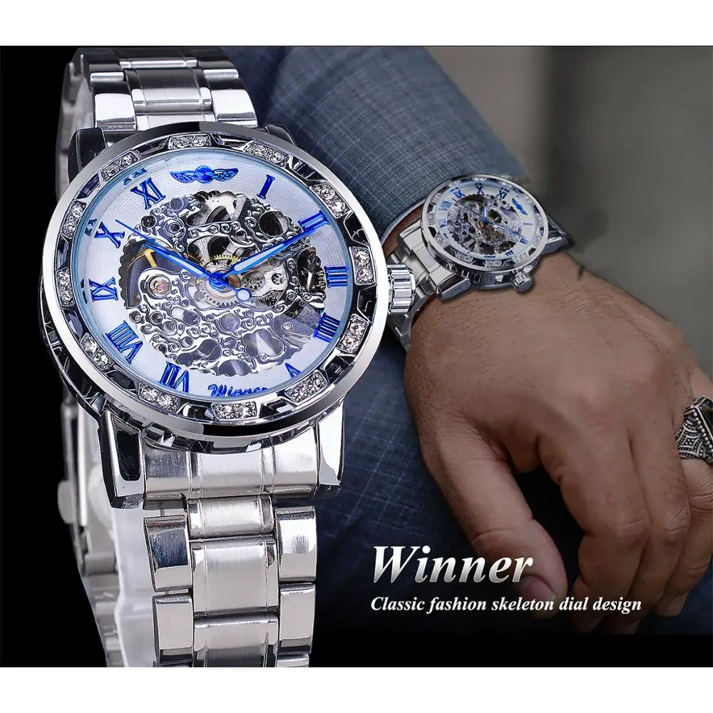 Часы Winner Skeleton Dial модные часы с бриллиантами белые серебристые спортивные из