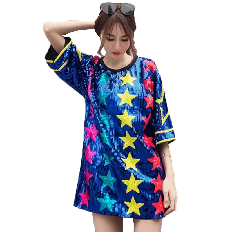 QING MO платье рубашка с блестками женское мини коротким рукавом летняя длинная