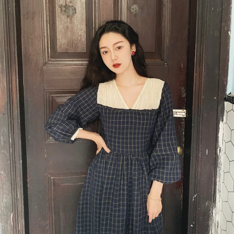 Женское длинное платье в клетку Осеннее тонкое стиле ретро с высокой талией