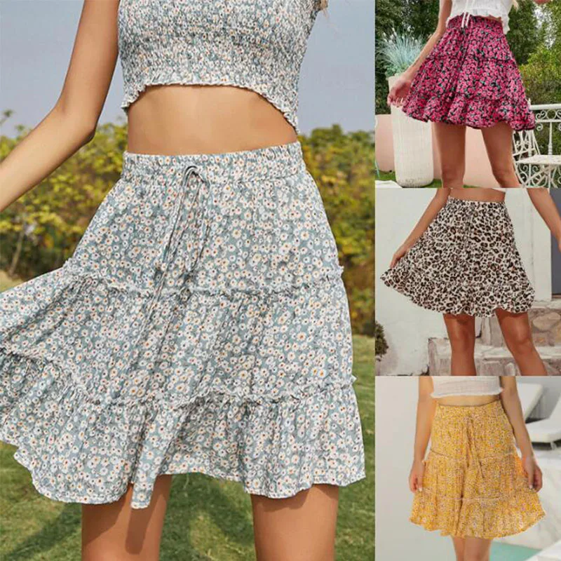 

Fashion Boho High Waist Floral Mini Skirts Women 2021 Summer Casual Sweet Kawaii Yellow Flower Woman Short Skirt Jupe