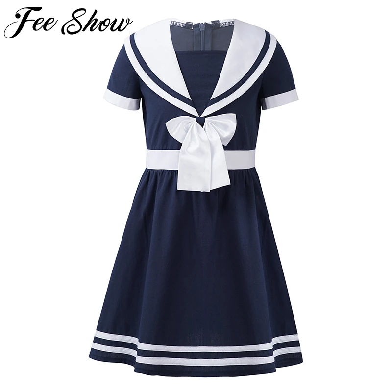 

Children Clothing 4-14Years Summer Girl Bowknot A-line Dress School Teens Kids Navy Sailor Collar Dresses For Girls Clothes