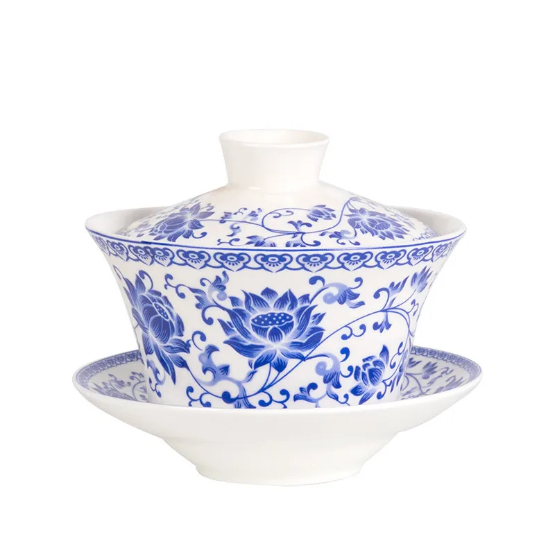 Blue Lotus 300 мл Sancai GaiWan Старый Пекин восемь сокровища Ретро чайная чаша Цзиндэчжэнь синий и белый фарфор керамическая чайная чашка и блюдце набор - Цвет: Blue Lotus