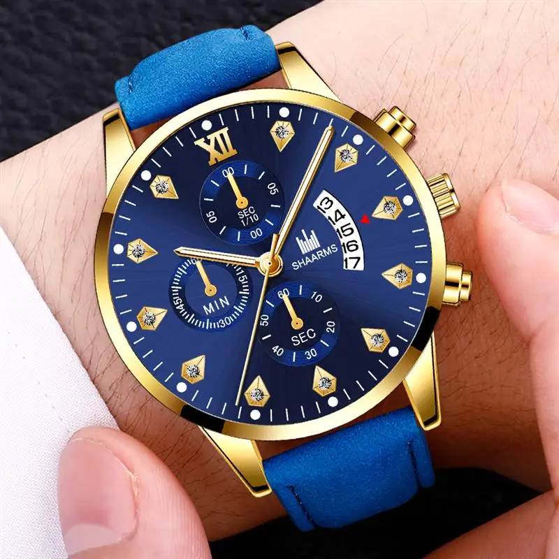 Мужские часы модные с календарем и бриллиантами мужские роскошные кожаные