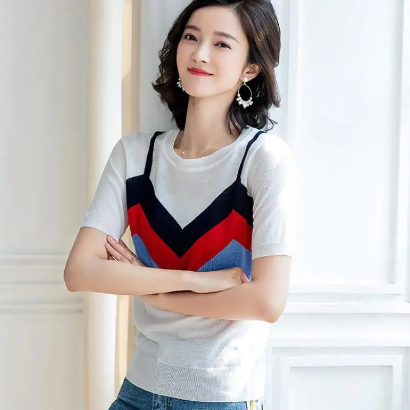 Summer Autumn Office Lady Knitted O Neck 2 Color Pullover Fashion Patchwork Short Sleeve Size S-xl Women Sweater Jl-aym1912 | Женская