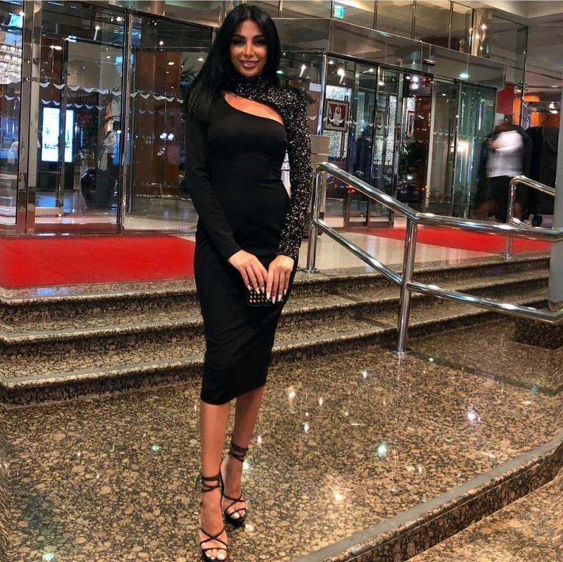

High Quality Black Long Sleeve Keyhole Bodycon Rayon Bandage Dress Party Elegant Dress