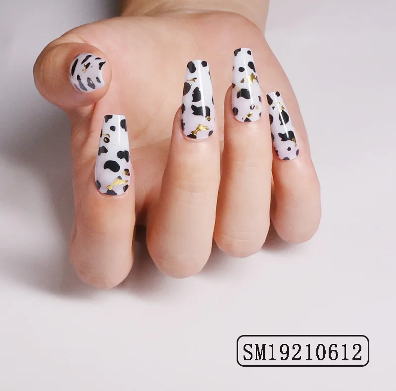 

24pcs Cow Pattern Nail Patch Glue Type Removable Long Paragraph Fashion Manicure Save Time False Nail Patch SK88