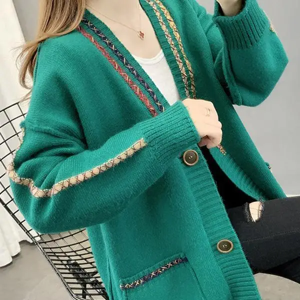 

Woman Knitted Sweater Cardigan Autumn Female New V Neck Single Breasted Thicken Sweater Ladies Long Sleeve Knitting Top Q189