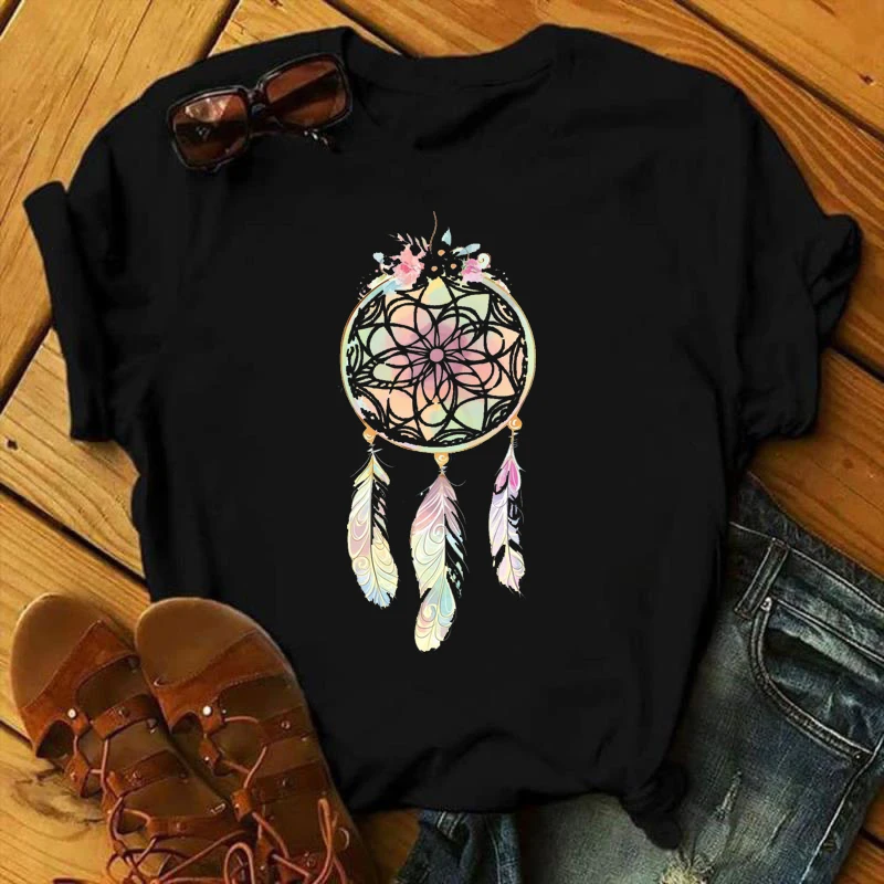 

90s Hip Hop Streetwear Retro T-Shirts for Girls Beautiful Dream Catcher Printed Women's Summer T-Shirts Tie Dye Feather Style