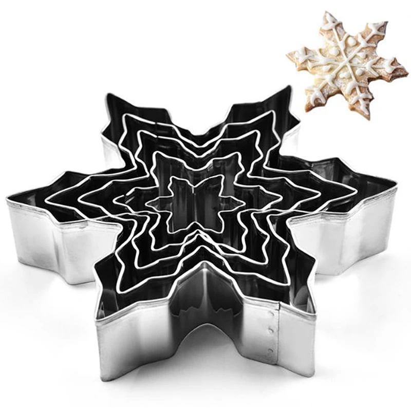 

5PCS Snowflake Stainless Steel Cookie Cutter Biscuit Pastry Mold Cake Decor Tool Press Icing Set Stamp Mould Cake