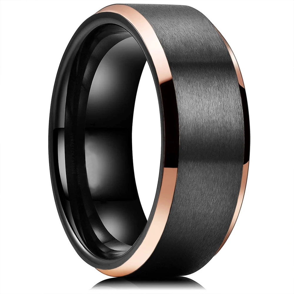 

Fashion 8MM Men Black Stainless Steel Ring Rose Gold Beveled Edge Matte Finished Inlay Blue carbon fibre Ring Men Wedding Band