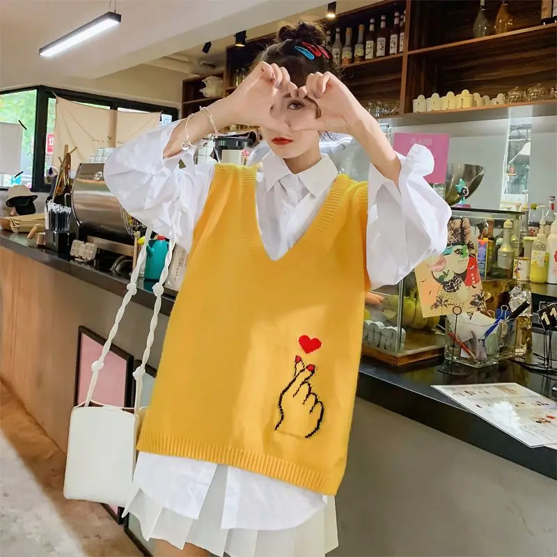 

Жилет женский свободный жаккардовый с V-образным вырезом, вязаный свитер без рукавов в студенческом стиле, однотонный топ, весна-осень 2021