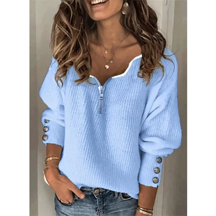 

Autumn and winter new fashion women's solid color zipper knitted V-neck loose long-sleeved T-shirt