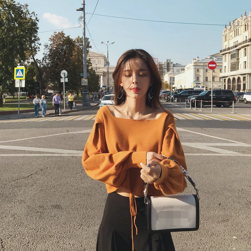 2019 MISHOW Autumn vintage Knitted sweater for women fashion causal Square collar Lantern sleeve short tops MX18C5196 | Женская одежда