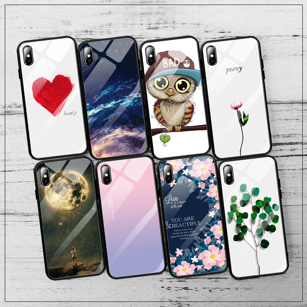 Роскошный окрашенный чехол из закаленного стекла для iphone 11 pro max x xr xs 8 7 6 6 S Вселенная Звездное Фламинго Луна цветочный узор мягкий край