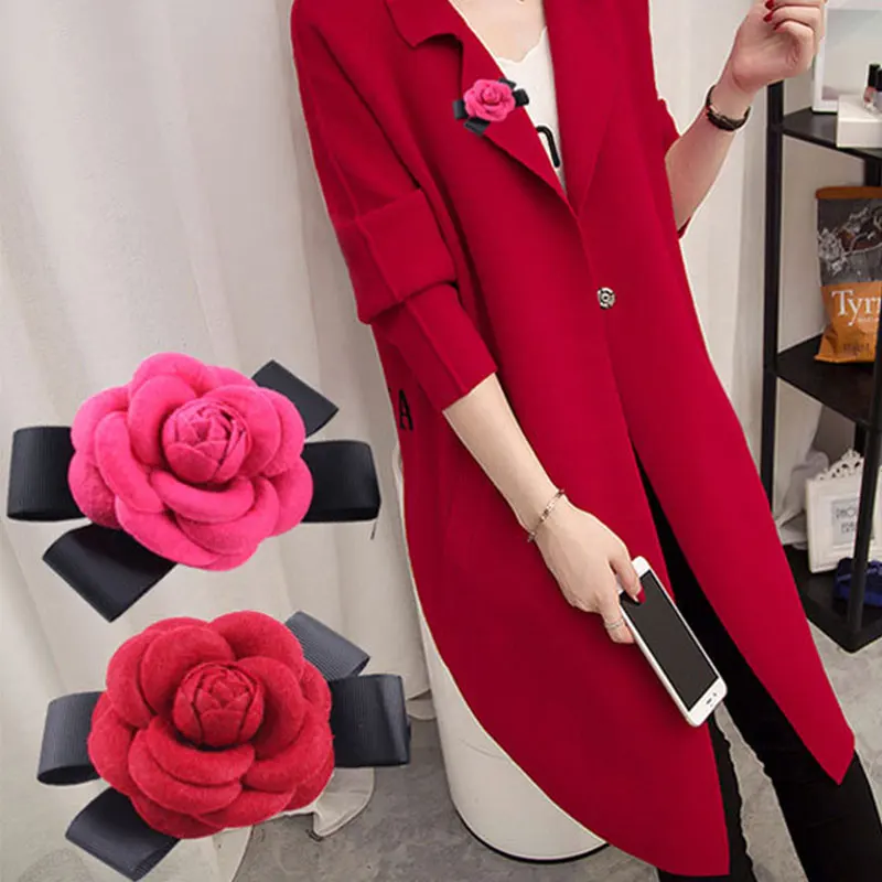 

Unisex Black Bow Fabric Camellia Flower Brooch Flower Pin Hand-Made Scarf Buckle Big Rose Brooches Party Jewelry Accessories