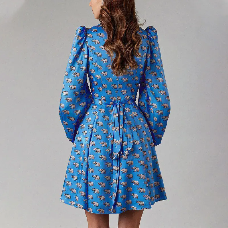 

Mini robe en Satin pour femmes, elegante, mode col en v, manches longues lanterne, taille serree, Slim, bureau, robes imprimees