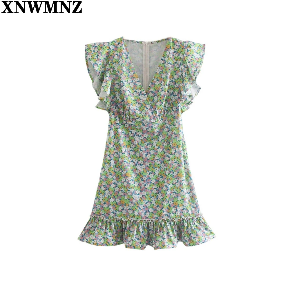 

Женское мини-платье XNWMNZ, с цветочным принтом, с оборками, с V-образным вырезом, без рукавов, с эластичной талией, на молнии