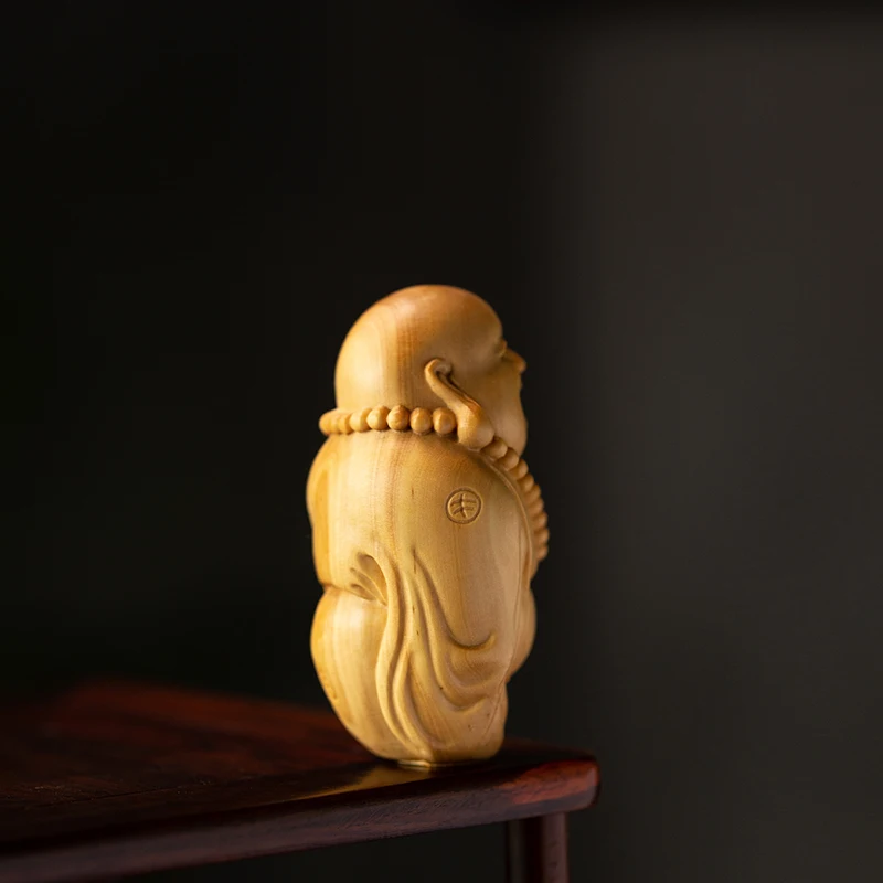 Деревянная резьба Maitreya Будда Смеющийся Самшит украшения Дерево Wenwan ручная