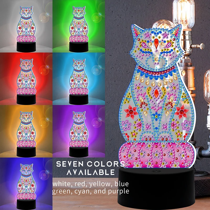 

5D DIY special-shaped LED diamond painting animal cat night light 7-color lamp cushion acrylic board home decoration gift