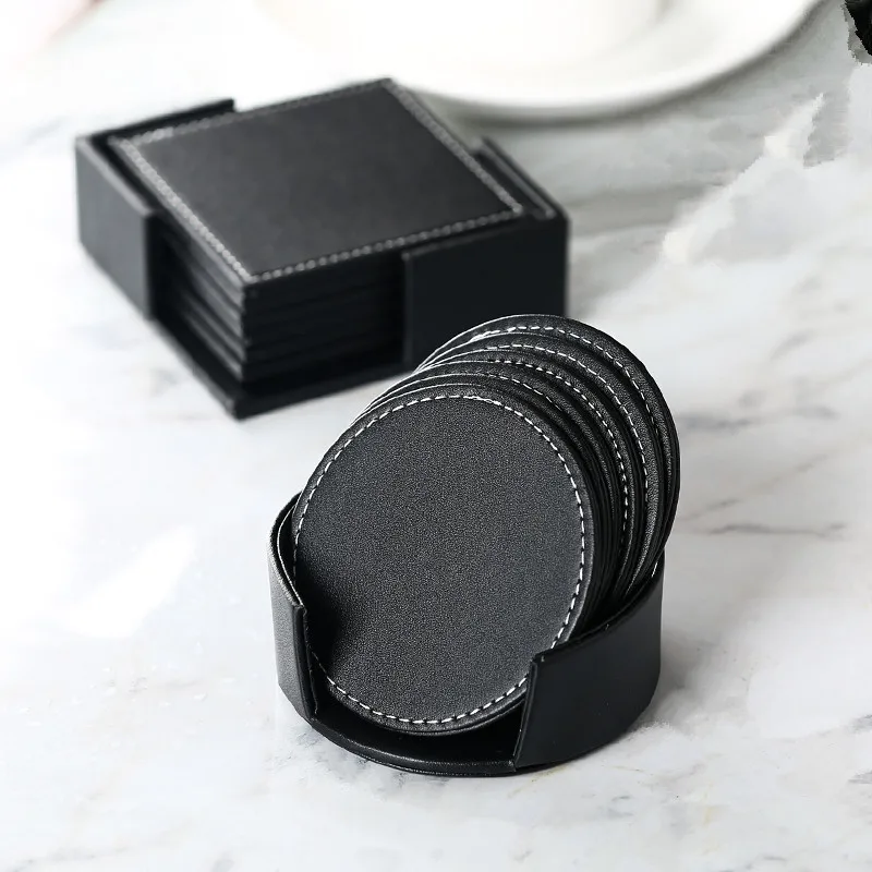 6 шт набор подставка из искусственной кожи Подставка под кружку черный круглый