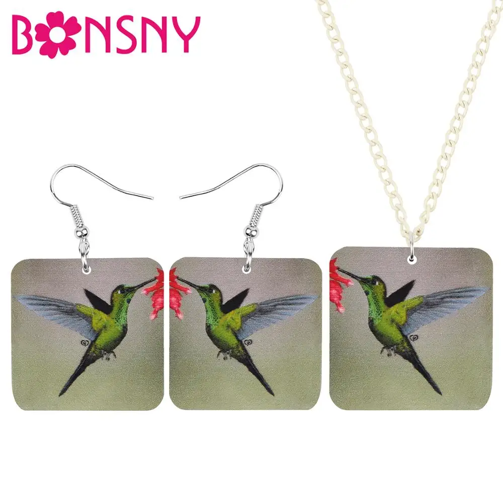 

Bonsny Acrylic Square Flying Hummingbird Bird Jewelry Sets Animal Earrings Necklace For Women Teens Birthday Gifts Accessories