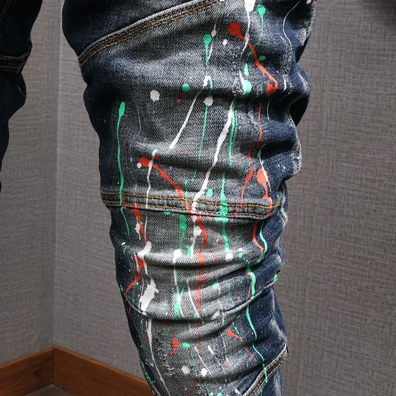 European American Street Fashion Men Jeans Retro Blue Elastic Slim Spliced Designer Biker Jeans Men Painted Hip Hop Punk Pants