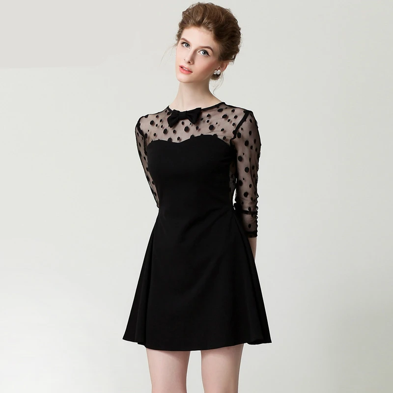 

Женское платье в горошек с длинным рукавом, черное сетчатое трапециевидное мини-платье в стиле пэчворк, брендовое осеннее платье