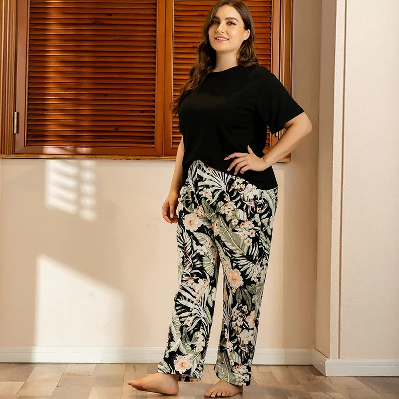 

Women's Large Size Print Short-sleeved Pajamas Set Trousers Home Service Two-piece Set Pajama Sets