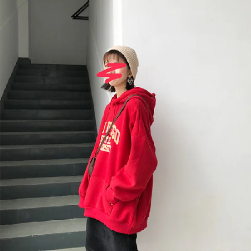 

NANCY TINO Ladies Plus Fleece Sweater Spring and Autumn Loose Cotton Net Red Lazy Style Hoodie