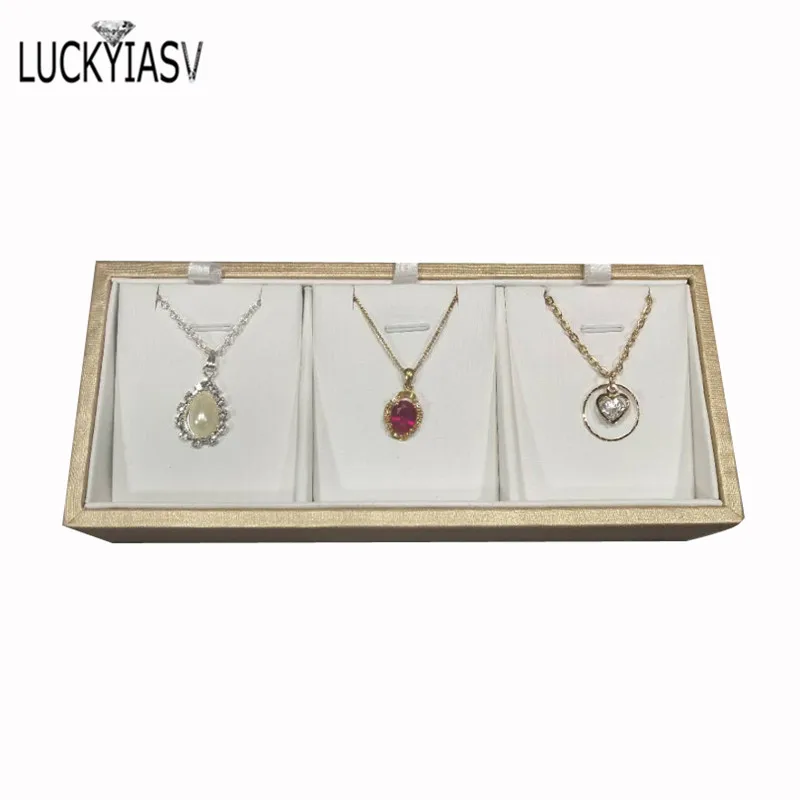 

3-Grid Drawing PU Leather Pendant Seat Brushed Pendant Jewelry Display Stand For Pendant Base Counter Showing Pendant Display