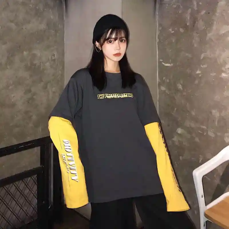 31961dark grey NiceMix Harajuku футболка женская поддельная 2 шт. принт японский Fujiang Ужасы комиксы длинный рукав рубашка Женская Vetement Femme - Цвет: 31961dark grey