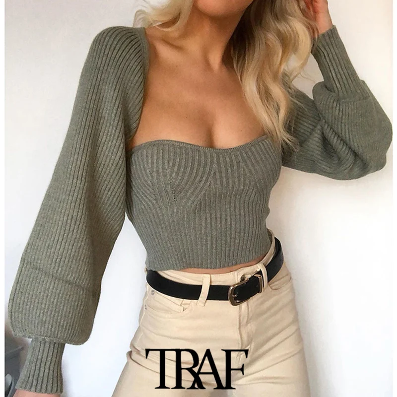 Женский укороченный вязаный кардиган TRAF винтажный Укороченный с длинным рукавом